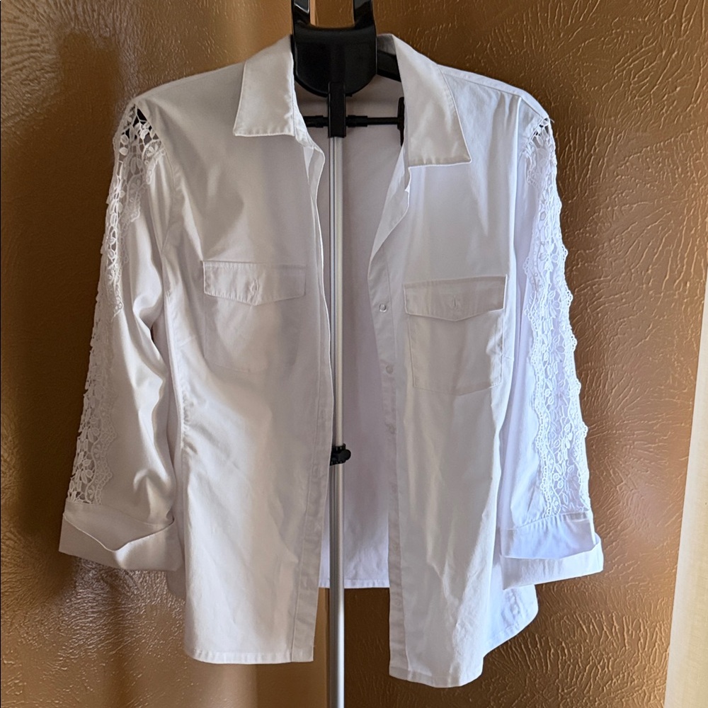 Zac & Rachel White Button-Down Shirt with Crochet Sleeve Detail